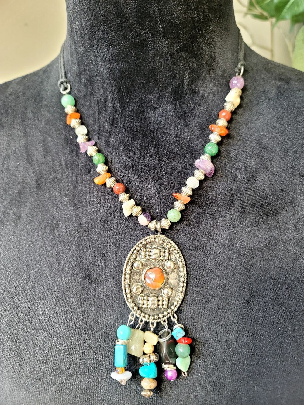 Multicolor Beaded Pendant Necklace Silver Tone Boho Tribal Dangle Jewelry